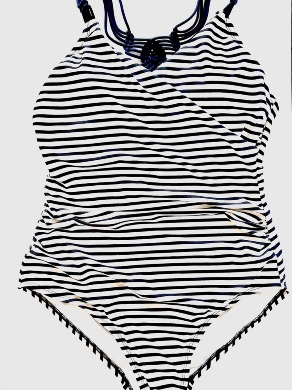 Navy blue & White Striped One-Piece Swimsuit size large, new!